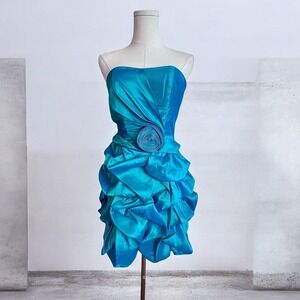 May Queen Turquoise Teal Strapless Rosette Mini Dress Formal Prom Party 80s, NWT